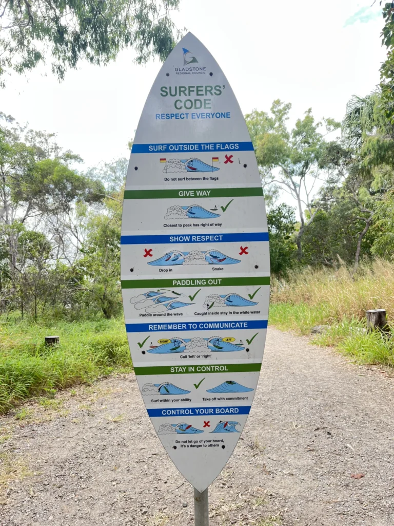Surfers' code sign with safety guidelines.